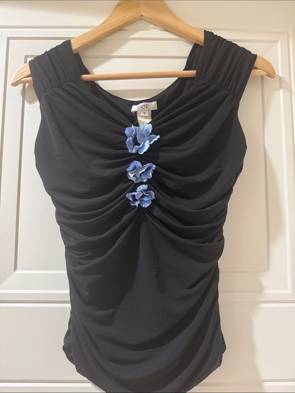 Fairy Cache Black Top with Blue Floral Accents